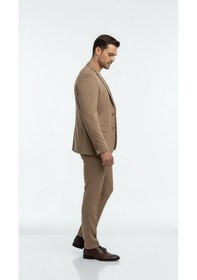Resim Erkek Slim Fit Mikro Dokulu Takım Elbise Çift Düğmeli Modern Kesim Vizon 