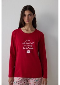 Resim Kırmızı Joyous Time Yılbaşı Temalı Bisiklet Yaka Pamuklu Uzun Kollu Pijama Takımı Rd42 