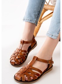 Resim 205-02 Taba Ortopedik Hakiki Deri Kadın Sandalet Altın - Taba 