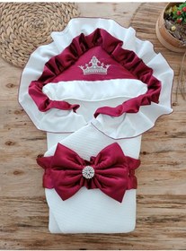 Resim Yenidoğan Mehtap Lüks Kelebek Taç Nakışlı Bebek Battaniyesi Kundak Bordo Bordo 