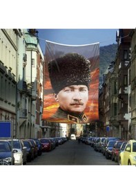 Resim Kalpaklı Gazi Mustafa Atatürk Poster Cephe Bayrağı -bayrak - 4x6 Metre 1 