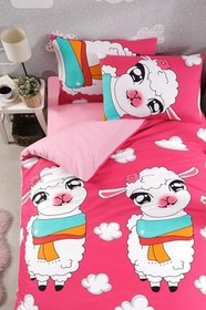 Resim Çerşafı Lastikli Kuzulu Çocuk Nevresim Takımı Pembe Tek Kişilik, Pembe 