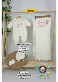 Resim Gros Shop Müslin Yeni Doğan 4katlı Organik %100pamuk Kişiye Özgü Nakışlı Hastane Çıkış Seti Lavanta Model-2 Ekru 