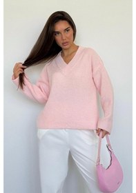 Resim Madmext Pembe V Yaka Triko Kadın Kazak Mg2501 Pembe 
