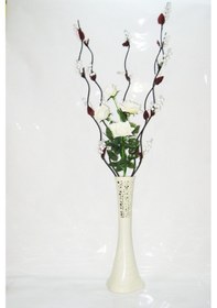 Resim 60 Cm Desenli Krem Vazo 5 Adet Beyaz Üzüm Çiçek Beyaz Gül 