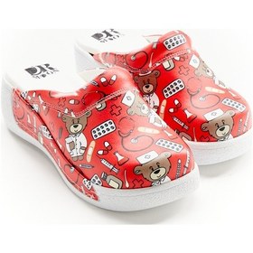 Resim Ayıcık Desenli Hakiki Deri Bayan Dolgu Taban Sabo Terlik Kırmızı 