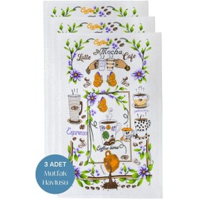 Resim 3lü Paket Baskılı Beyaz Mutfak Havlusu Modeli Coffee Mocha 