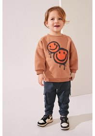 Resim Lolliboomkids Erkek Çocuk Smile Desenli Kışlık 3 İplik Pamuklu Sweatshirt Kargo Eşofman Alt-üst Takım Turuncu 