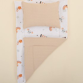 Resim Alt Açma Matı ve Yastık - Çift Taraflı - Sütlü Kahve Örgü - Turuncu Gökkuşağı 