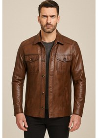 Resim Deri Kahverengi Erkek Deri Mont Cepli Klasik Deri Ceket Taba 