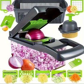 Resim 16-In-1 Çok Fonksiyonlu Sebze Doğrayıcı | Profesyonel Soğan/Kereviz Dicer ve Slicer | 8 Bıçaklı + Depolama Kabı ile birlikte gelir | Mutfak Pişirme Aracı (Gri) 