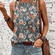 Resim Kadınlar için Günlük Kolsuz Yuvarlak Yaka Çiçek Baskılı Tank Top - Mavi & Turuncu Çiçekli Tasarım, Orta Esneklik, Makinede Yıkanabilir, İlkbahar Yaz Sonbahar Çok Yönlü Giyim, Bayanlar İçin Tank Üstler, Orta Esnek Kumaş 