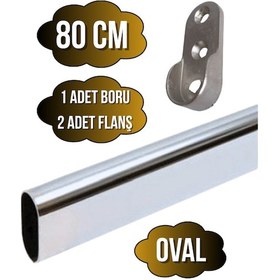 Resim Metal Oval Krom Mobilya Dolap Askı Borusu 80cm Oval 2 Adet Flanş-1 Adet Boru Boy:30mm En:15mm Gri 