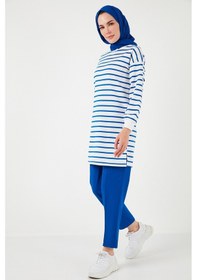 Resim Lela Modest Çizgili Pamuklu Regular Fit Bisiklet Yaka Bayan Tunik 5865784 Saks 