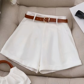 Resim Kadınlar için Beyaz Pileli Günlük Şortlar, Kahverengi Kemer Detaylı - Yüksek Bel, Bol Kesim, Yaz Şık, Makinede Yıkanabilir Polyester 