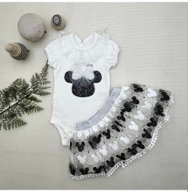 Resim 1-2-3 Yaş Payetli Mickey Nakışlı Kısa Kollu Brode Etekli 2li Kız Bebek Takımı Siyah Siyah 