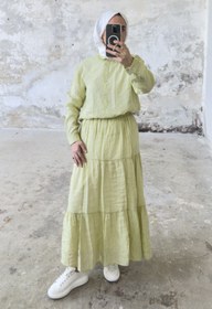 Resim Rahat Kesim Beli Lastikli Kat Kat Uzun Etek 5213 - Yeşil - Yeşil / L-XL 