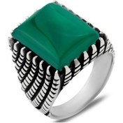 Resim Gümüş Dikdörtgen Yeşil Akik Taşlı Erkek Yüzük 