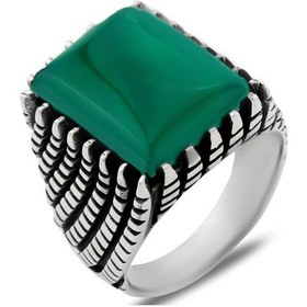 Resim Gümüş Dikdörtgen Yeşil Akik Taşlı Erkek Yüzük 