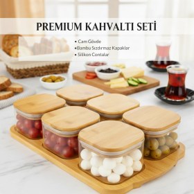 Resim Welcomein 6'lı Bambu Vakumlu Kapaklı Standlı Borosilikat Cam Kahvaltılık Seti 