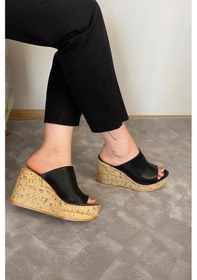 Resim Kadın Holi Siyah Cilt 10 Cm Tolgulu Mantar Taban Terlik K-920 Siyah 