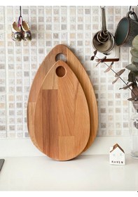 Resim Damla Doğal Ahşap Kesme Tahtası Ve Sunum Tahtası 2'li Set, Kayın Ağacı Ahşap 