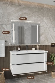 Resim BALNEOM Banyo Kadife Beyaz Parlak Hıgh Gloss %100 Mdf 100 Cm Banyo Dolabı Led Işıklı Aynalı Üst Dolap 