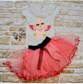 Resim 9-12-18 Ay Toka Hediyeli Kuş Desenli Tişört Tütü Etek 2li Kız Bebek Takımı Nar Çiçeği Nar Çiçeği 