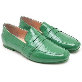 Resim Olsen Yeşil Kadın Kroko Baskılı Deri Loafer 