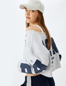 Resim Şardonlu Arkası Baskılı Kayık Yaka Crop Oversize Sweatshirt 