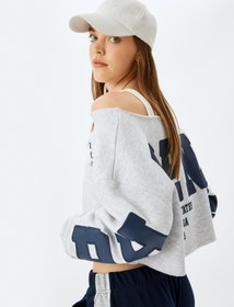 Resim Şardonlu Arkası Baskılı Kayık Yaka Crop Oversize Sweatshirt 