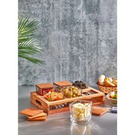 Resim 6'lı Ahşap Standlı Kapaklı Cam Kahvaltılık Seti, Çerezlik ve Baharatlık Takımı 