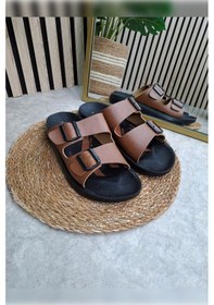 Resim Günlük Erkek Terlik Çift Ayarlanabilir Tokalı Desenli Anatomik Taban Yumuşak Rahat Sandalet 066 Taba 