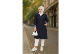 Resim Azm Moda Bondit Kumaş Içi Çizgili Kapüşonlu Astarsız Lacivert Uzun Yağmurluk 