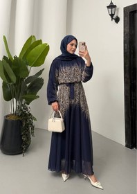 Resim Neşeli Butik kadın leopar desenli şifon tesettür elbise NMS055 