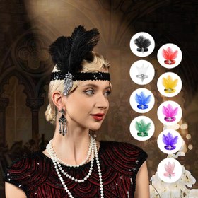 Resim D EXCEED 6 adet 1920'ler Flapper Headdress Üçlü Yapay Tüy ve Kristal Bandı Roaring 20'ler Gatsby Partisi Vintage Düğün Fotoğrafçılığı Saç Parçası 