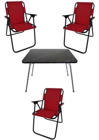 Resim Bofigo 60X80 Granit Desenli Katlanır Masa + 3 Adet Katlanır Sandalye Kamp Seti Bahçe Takımı Kırmızı 