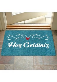 Resim Dijital Baskılı Kapı Önü Paspas Hoşgeldiniz Yazılı Çiçek Desen Ve Kedi Iç Ve Dış Kapı Yıkanabilir Lacivert 