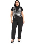 Resim Büyük Beden Düğme Kapamalı Cep Kapaklı Astarlı Kısa Kazayağı Desenli Yelek Siyah Beyaz 