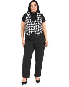 Resim Büyük Beden Düğme Kapamalı Cep Kapaklı Astarlı Kısa Kazayağı Desenli Yelek Siyah Beyaz 