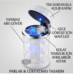 Resim Üniversal Kristal Pırlanta Taş Görünümlü Mavi Led Işıklı Lüx Oto Küllük Kapaklı Spor Araç İçi Küllük Araba Küllüğü Beyaz 