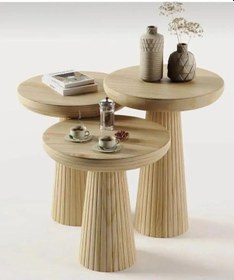 Resim Wood Wooden 3 Lü Set Fitilli Mantar Yan Sehpa Modern Ahşap Renk Vernikli Fiskos Kahverengi 