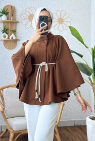 Resim Caddebostan Moda Örgü Kuşaklı Kaşe Kumaş Kadın Kışlık Trend Premium Luxury Şık Düğmeli Panço 
