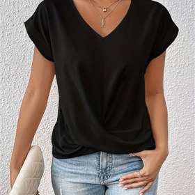 Resim Kadınların Kolsuz V Yaka T-Shirt'i - Koyu Yeşil, Kısa Puf Kollu Rahat Yaz Üstü, Rahat Kıyafet|V Yaka Üst|Kısa Kollu Üst 
