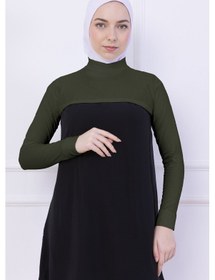 Resim Loggia Balıkçı Yaka Boyunluklu Kolluk Haki Yeşil - Likralı Dik Yakalı Kadın Body Tesettür Crop Bolero Haki 