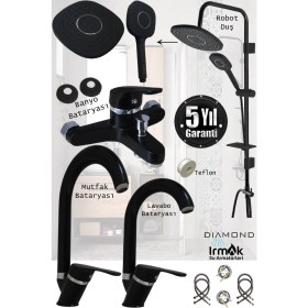 Resim Tesitay Irmak Lavabo Banyo Mutfak Bataryası ve Rainy Robot Duş Siyah Banyo Seti Armatür Musluk Batarya Duş 