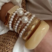 Resim 5 Parça Şık Retro Abartılı Zarif CCB Büyük Yuvarlak Boncuklu Altın ve Gümüş Renkli Takılabilir Bilezik Seti - Kadınlar İçin Yaratıcı Taşlı Takı, Tatil, Düğünler, Partiler veya Günlük Kullanım için Mükemmel Yüksek Kaliteli Uygun Fiyatlı Aksesuar 