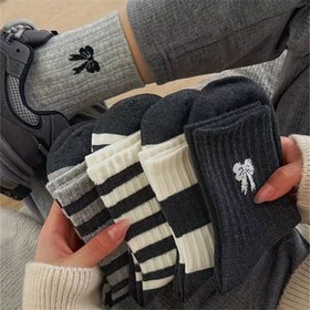 Resim 5'li Paket Siyah Beyaz Çizgili Kadın Çorapları, Orta Baldır Kore Tarzı Ter Emici Nefes Alabilen Şık Uzun Tüp Çoraplar Sonbahar/Kış İçin, Rahat Giyim Malzemesi 
