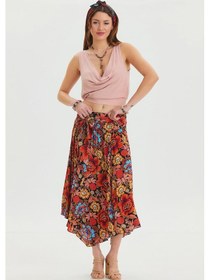 Resim Beli Bağlamalı Salaş Midi Kloş Etek Siyah 