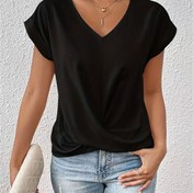 Resim Kadınların Kalp Yaka Boyunlu Kısa Kollu T-Shirt - Düz Renk, Normal Uzunluk, Yazlık Rahat Üst, Kalp Yaka Kolye ile Çapraz Sırt Askıları 